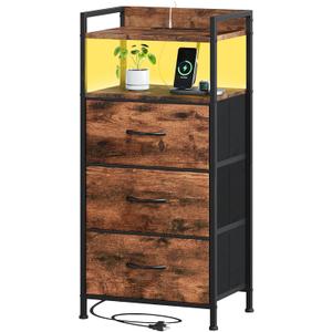 Somdot Tall Nightstand with Charging Station and LED Light for Bedroom, 3 Drawers Dresser with Fabric Bins for Bedside Kids Dorm Room Closet Laundry Entryway, Wood Grain Print