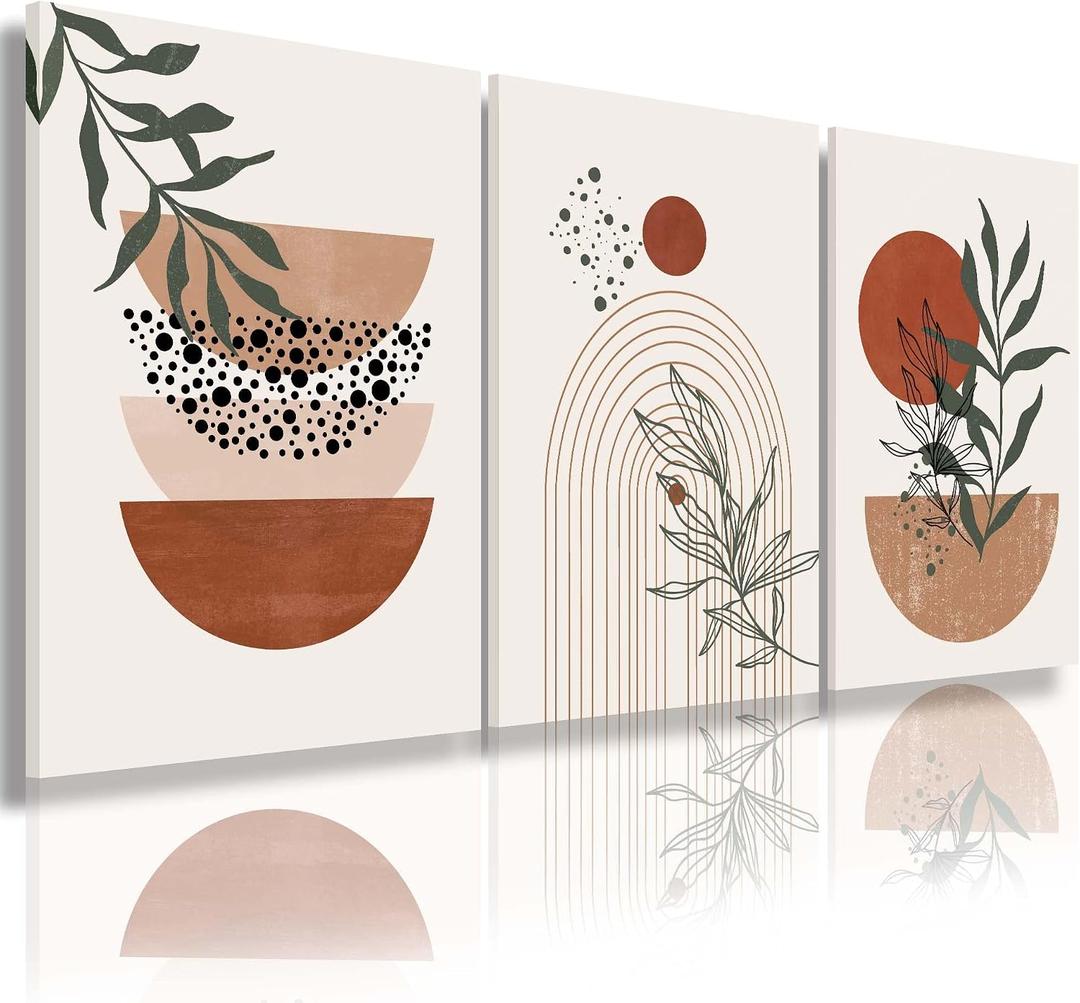 Boho Wall Art PrintsBoho Wall Decor, Mid Century Modern Wall ArtSet of 3 Prints, Abstract Geometric Prints Black Beige Terracotta Minimalist Art, Natural Framed Canvas Prints Artwork For Living Room, 16x24inchx3pcs