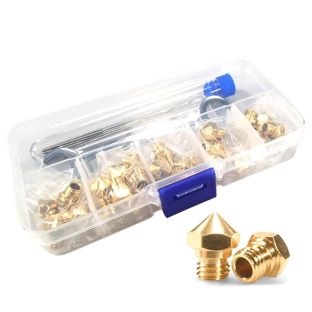 MK10 Nozzles 25 pcs 0.4mm 3D Printer Extruders Brass Nozzles with DIY Tools and Metal Storage Box, Fit with MK10 Hotend M7 Thread Heater Block, for 1.75mm Filament.