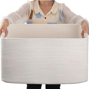 OIAHOMY 75L Large Blanket Basket, Woven Cotton Rope Baskets for Organizing, 22x17x12, Blanket Basket living Room, Bedroom, Nursery, Dog Toy Storage Bins, White