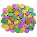 CCINEE 144Pcs Mardi Gras Plastic Coins Bulk, Gold Purple Green Coins for Carnival Mardi Gras Throws Parade Party Table Decorations