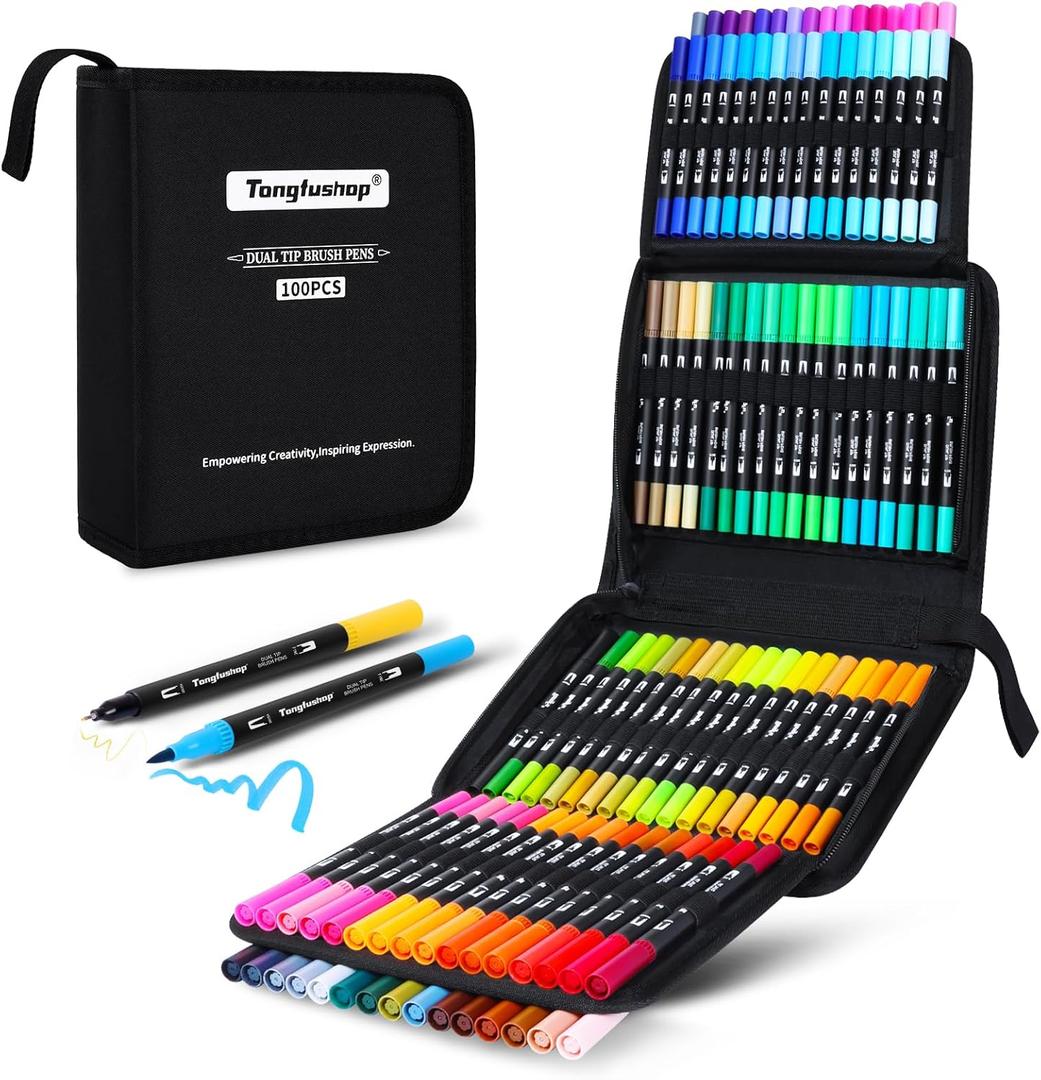 Tongfushop 100 Colors Dual Tips Brush Pens, Fine Felt Tip Watercolor Paint Markers, Water-Based Coloring Art Marker for Adult Painting, Lettering, Card Making, Painting, Sketching, Bullet Journal