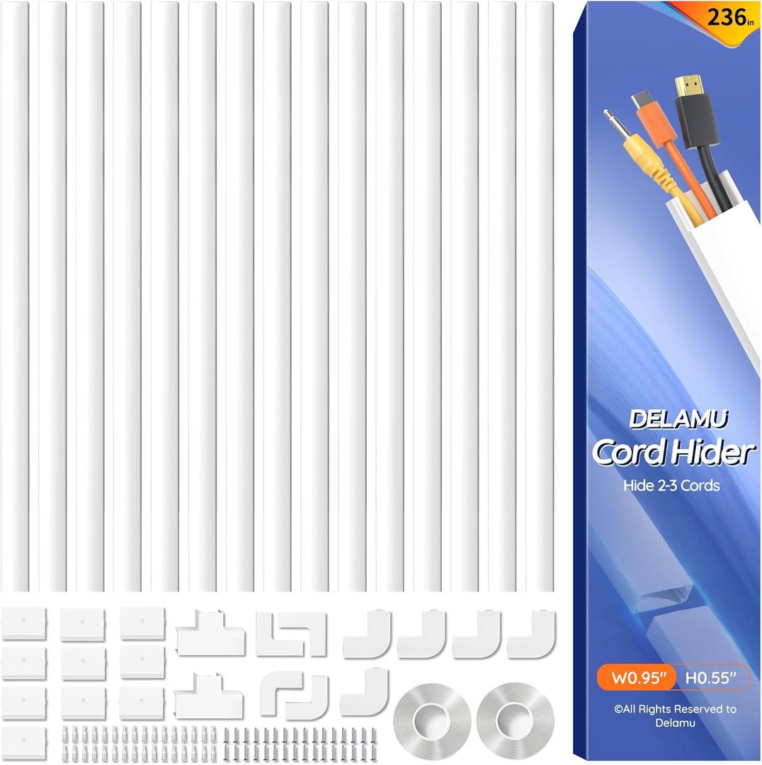 Delamu 236in Cord Hider, Professional Cable Cover Kit for Wall, TV Wire Hider for Wall Mounted TV, Raceway Cover on Management Wires, Cable Concealer, 0.95'' H x 0.55'' W, White (Medium)