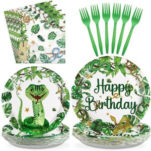 96 Pcs Snake Birthday Party Supplies Reptile Jungle Swamp Snake Plates and Napkins Tableware Sets Reptile Party Decorations Favors for Kids Camping Alligator Wilderness Wildlife Theme Decor,Serves 24