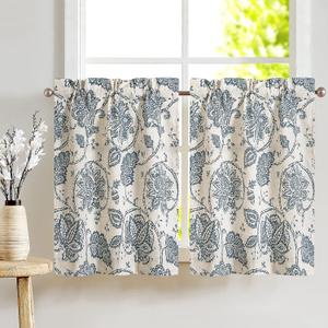 jinchan Kitchen Curtains 36 Inch Length Paisley Scroll Printed Linen Short Window Tier Curtains for Bathroom Medallion Design Burlap Vintage Jacobean Floral Small Cafe Curtains 2 Panels Blue on Beige