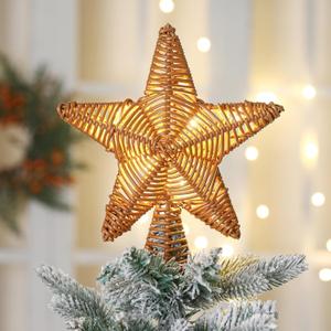 Hoteam Christmas Rattan Star Tree Topper 8 Inch Faux Rattan Star Tree Topper with Warm Lights Rustic Bohemian Style Decoration Christmas Decor for Xmas Ornaments Holiday Party Indoor Home
