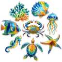 AceOrbit 8 Pcs Large Wooden Coastal Ocean Wall Art Rustic Ocean Theme Wall Decor Wooden Fish Turtle Crab Seahorse Starfish Jellyfish Seashells Coral Decoration with Hooks for Sea Beach Nautical Party