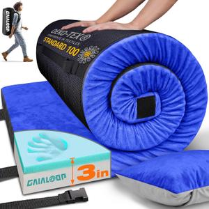 GAIALOOP 3 Inch Memory Foam Camping Mattress, Dual Layer Thick Sleeping Camp Pad for Car Tent Cot, Roll-Up Portable Glamping Floor Bed for Guests Sleepover