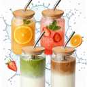 4 Packs Ribbed Glass Tumbler with Lid and Straw 16 oz Cute Ice Coffee Cup Set for Smoothie Juice Matcha Tea Latte Cappuccino Espresso Hot Coffe Water Reusable Clear Travel Boba Aesthetic Drinking Mug