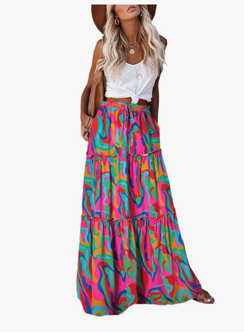 Womens Casual High Waist Tie Paisley Print Long Maxi Skirt with Pockets size M
