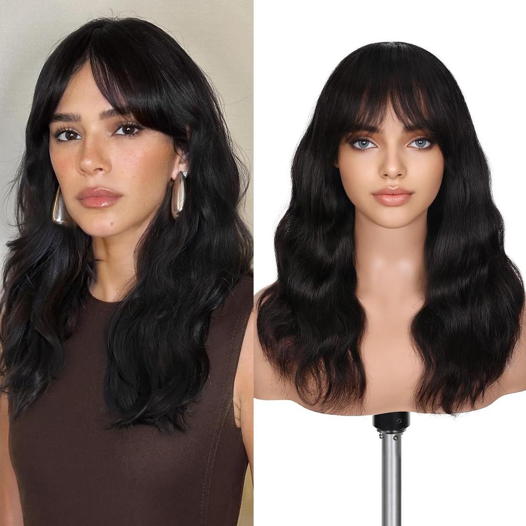 FAVE 16 Inch Human Hair Wig with Bangs 13 HD Lace Top Glue less Bang Wig Human Hair for Women, Natural Waves Looking, Beginner Friendly(Natural Color)