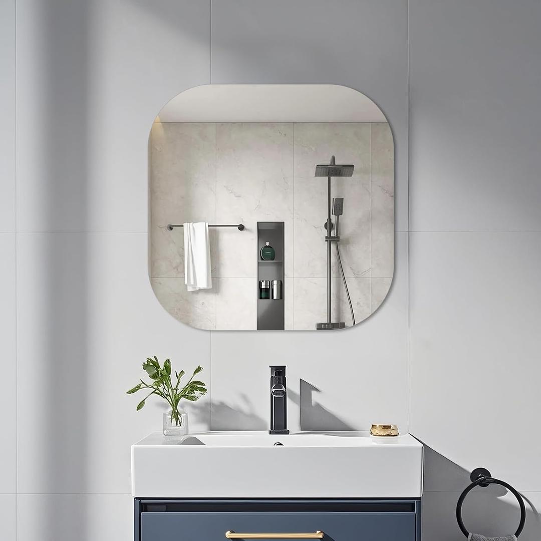 20" Frameless Square Bathroom Mirror, Tempered Glass Wall Mirror, HD Vanity Mirror for Entryway, Living Room & Home Decor, Polished Rounded Edges, 1/5" Thick