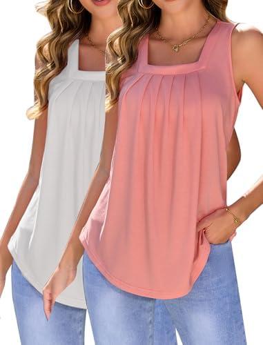 Arolina Summer Tank Tops for Women Loose Fit Cute Square Neck Sleeveless Tops Curved Hem Flowy small, White and pink 