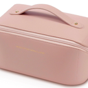 Lunarsoft Leather Makeup Bag,Pink Large Cosmetic Case with Dividers & Handle, Water-Resistant Lining, Multi-Pockets, Portable Toiletry Bag Organizer,Packing Underwear Organizer Bag