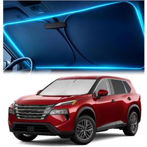Windshield Sun Shade for Nissan Rogue 2021 2022 2023 2024 2025 2026 – Custom Fit Sun Shield with Mirror Cut‑Out, Blocks Heat & UV, Foldable with Storage Pouch - Nissan Rogue Windshield Sunshade