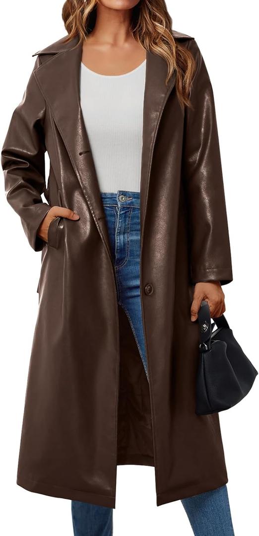 Trendy Queen Womens Brown Long Faux Leather Jackets Trench Coat Fall Blazer 2024 Going Out Outfits Clothes Sexy Oversized Waterproof XL