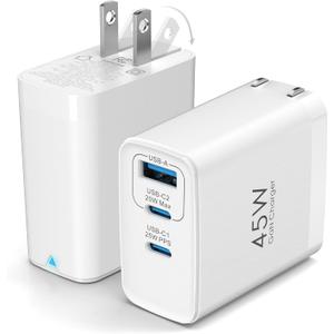 45W USB C Charger Block, 2-Pack Compact Foldable Wall Charger 3-Port GaN Type C Changer Fast Charging for iPhone 16/16 Pro/16 Pro Max/15 Pro/14 Pro/13 Pro/12, for Samsung Galaxy S24/S23, White