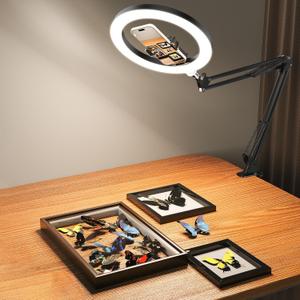 Ring Light with Overhead Camera Mount, 10W Ring Light with Desk Clamp, Phone Holder for Video Recording, Ideal for Artist/Painting/Jewelry Making/Knitting/Crochet/Embroidery/Pottery/Leather Crafting