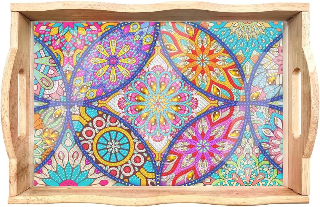 EWJRNSF Diamond Art Kits for Adults Wooden Serving Trays with Handles, 5D Diamond Painting Big Gem Arts and Craft Gifts Trays Decor Gift Home Decor 7.8x11.8 Inches Mandala A (7.8 x 11.8 x 2.2 inches, A Mandala AA)