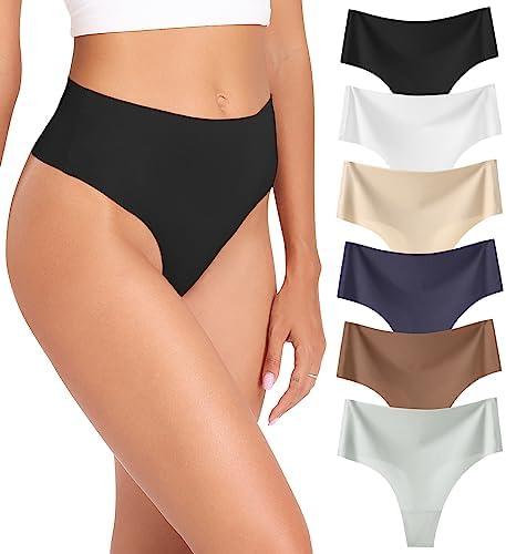 Wealurre Womens Underwear High Waisted Seamless Thongs for Women Breathable No Show Panties for Ladies 4 Pack Size L