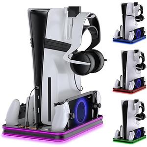 Stand and Cooling Station for PS5/PS5 Slim/PS5 Pro with RGB LED Controller Charging Dock Accessories, Charger for PlayStation 5 Controller and PS Portal Console Headset and Remote Holders (Black)
