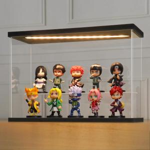 LANSCOERY LED Lighted Acrylic Display Case, 2 Tier Display Box for Collectibles and Action Figures, Clear Dustproof Organizer with Black Base  11.8x4.3x7.9inch
