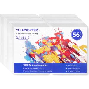 56 Pack 8x10 Inch Canvas Boards for Painting Bulk, Kids Art Novices Blank Canvases for Painting, Gesso Primed Acid-Free 100% Cotton Canvas Panels for Acrylic Oil Watercolor Tempera Paint