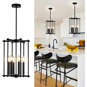 Black Farmhouse Chandelier 6-Light for Dining Room, Kitchen Island & Entryway, Adjustable Metal Cage Light Fixture for Foyer, Living Room, Rustic Industrial Hanging Pendant, E12 Base