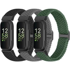 Braided Watch Bands Compatible with Fitbit Inspire 3/Inspire 2/Inspire/Inspire HR/Fitbit ace 3/Ace 2, Soft Adjustable Nylon Loop Elastic Strap Sport Replacement Wristbands for Women Men (Black+Space Gray+Dark Olive)
