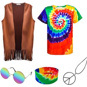 Hippie Costume for Men 60s 70s Fringe Vest Colorful T-shirt Set Carnival Party Tassel Vest Hippy Halloween Costume, Large