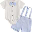Vicaankue Newbron Baby Boy Summer Outfit Cotton Linen Button Short Sleeve Bowtie Shirt Romper Suspender Shorts Set (Sky Blue, 6-9 Months)