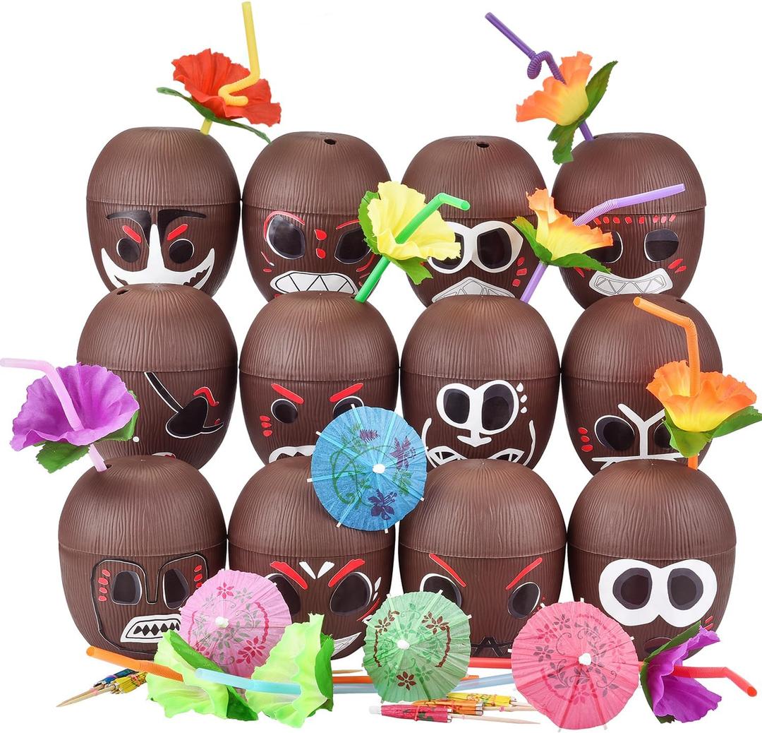 NINU 12 Pack Coconut Cups with 12 Straws 12 Cocktail Drink Picks and 12 stickers, DIY Tropical Hawaiian Luau Tiki and Beach Party Decorations for Kids and Adults