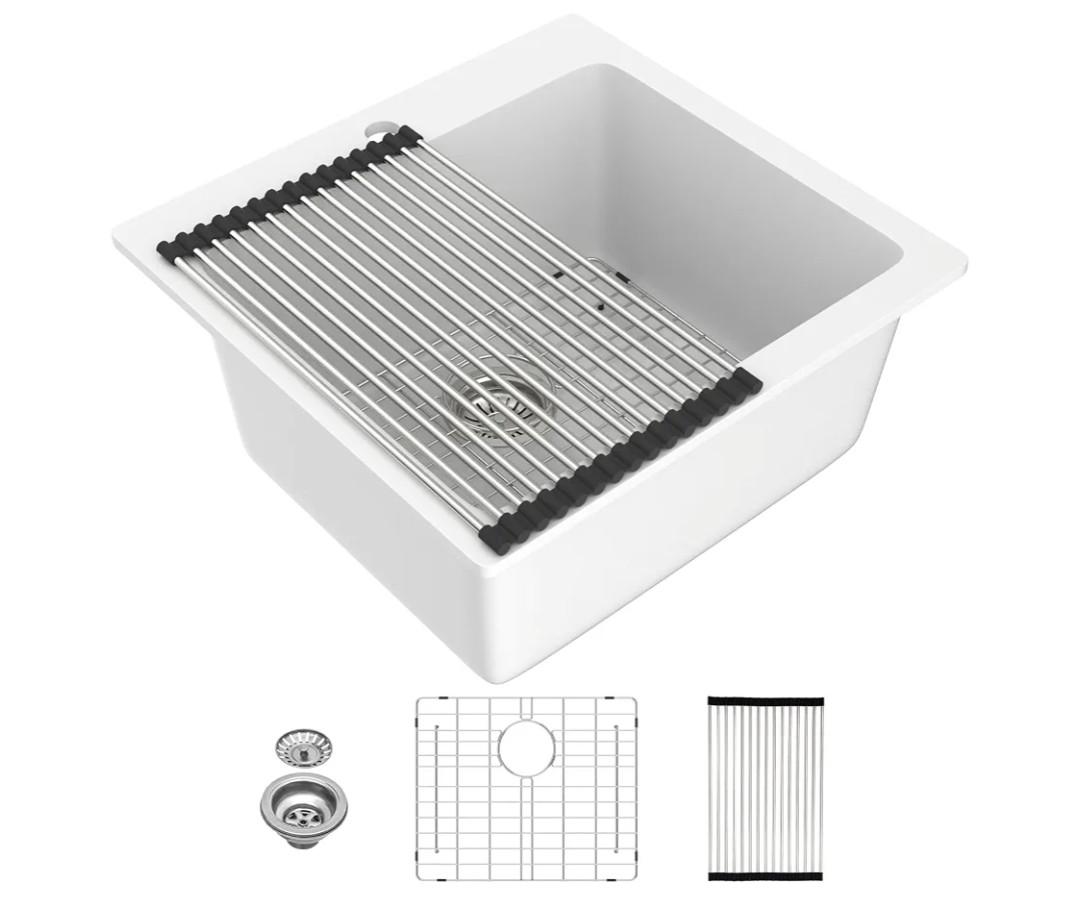 21 Inch White Drop In Wet Bar Sink 21"x20" Granite SinkSmall Quartz Single Bowl Over Counter Classic Topmount Bar Prep Sink for RV,Small Kitchen