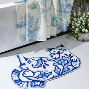 Tinideya Delft Cat Shape Bath Rug Cat Shaped Bathroom Mat 23" x 32" Rugs for Home Decor Cute Soft Tufted Mats Non Slip Absorbent Floor Carpet for Bedroom Porch Kitchen(Blue)