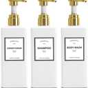 White With Gold Pump Shampoo Bottles Set of 3, 500ml Refillable Shower Dispenser, Rectangular Plastic Bottles with Pump, Glass & Metal Free