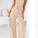 PRETTYGARDEN One Piece Jumpsuits for Women Dressy Summer Travel Outifts Casual Sleeveless Mock Neck Wide Leg Rompers(Beige,XX-Large) (Beige, XXL)