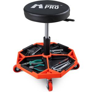 Adjustable Height Rolling Mechanic Stool, 300 LBS Garage Chair on Wheels, Rolling Workshop Stool with Cushioned Seat and Tool Trays, Ideal for Garage, Workshop, and Auto Repair