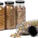 Novelinks 64 oz Large Plastic Mason Jars with Airtight Lids, 4 Pack Big Jars Wide Mouth and Plastic Storage Containers for Pantry, Pickle, Sauce, Sugar (4 Pack,Black)