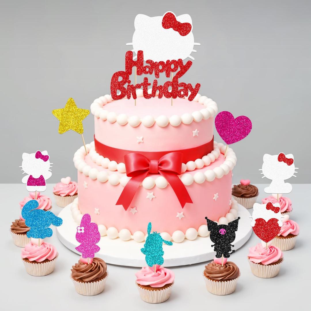2 x Cute Cat Birthday Party Cake Toppers Decorations, 10Pcs hellow Cupcake Toppers For Cakes,Birthday's Celebrations
