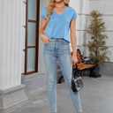 Womens Summer Tops Short Sleeve V Neck T Shirts Basic Tees Cap Sleeve Shirts Casual Trendy Work Business Clothes 2026 (Blue, XXL)