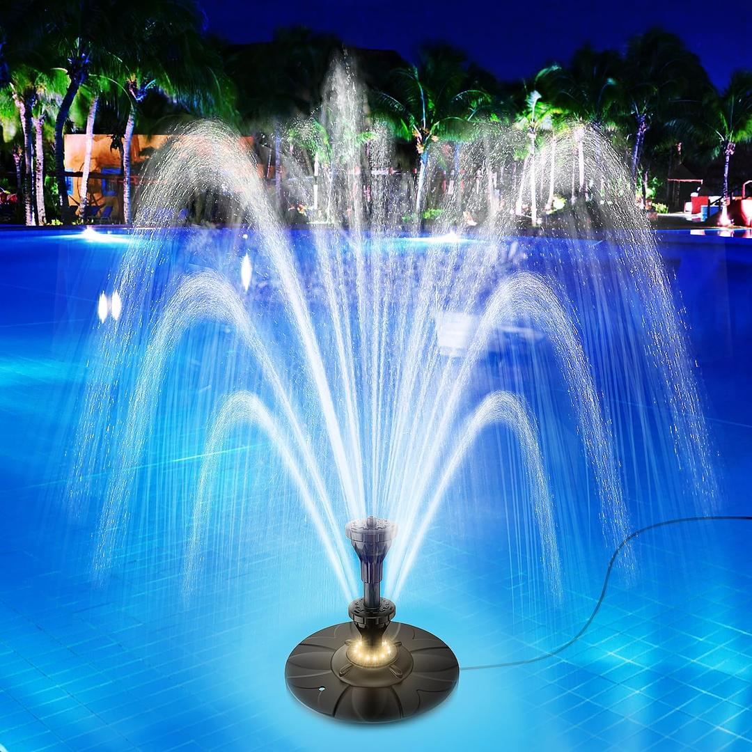 SZMP Upgraded Floating Pool Fountain, Pond Water Fountain with 2 Sprinkler Modes, 32.8ft Power Cord, for Pool, Pond, Lake, Garden, Outdoor, White Led Lights