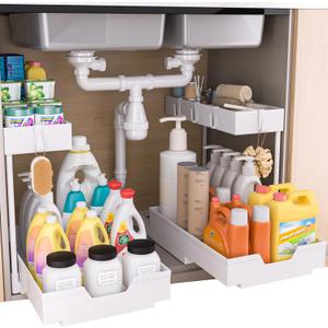 2-Tier Under Sink Organizers and Storage 2 Pack Sliding L-shape Under Cabinet Organizers For Narrow Space Multi-purpose Sink Organizer for Bathroom Kitchen Drawer(White 2 Pack)