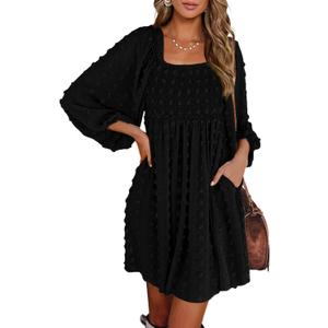 BTFBM Women Square Neck Smocked Dresses 2025 Summer Spring Long Sleeve Floral Swiss Dot Mini Boho Wedding Guest Dress (XX-Large, Black)