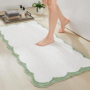 Ohocut Luxury Microfiber Scalloped Runner Rug, Sage Green Scalloped Piping White Long Bathroom Rug Cute Aesthetic Bath Mat for Bathroom, Tub, Sink, Shower, Anti Slip, Extra Soft, Absorbent, 47x24 (2' x 3'11" (Rectangular))