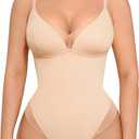 FeelinGirl Shapewear Bodysuits for Women Tummy Control - Deep V Neck Sheer Mesh Double Lined Trendy Thong Body Shaper Tops (XX-Large, Nude)