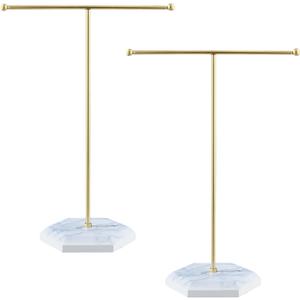 QWORK Jewelry Stand Display Necklace Holder with Electroplated Metal & White Marble Plywood Base - 2 Pack Durable & Stylish Organizer for Stores and Home Use