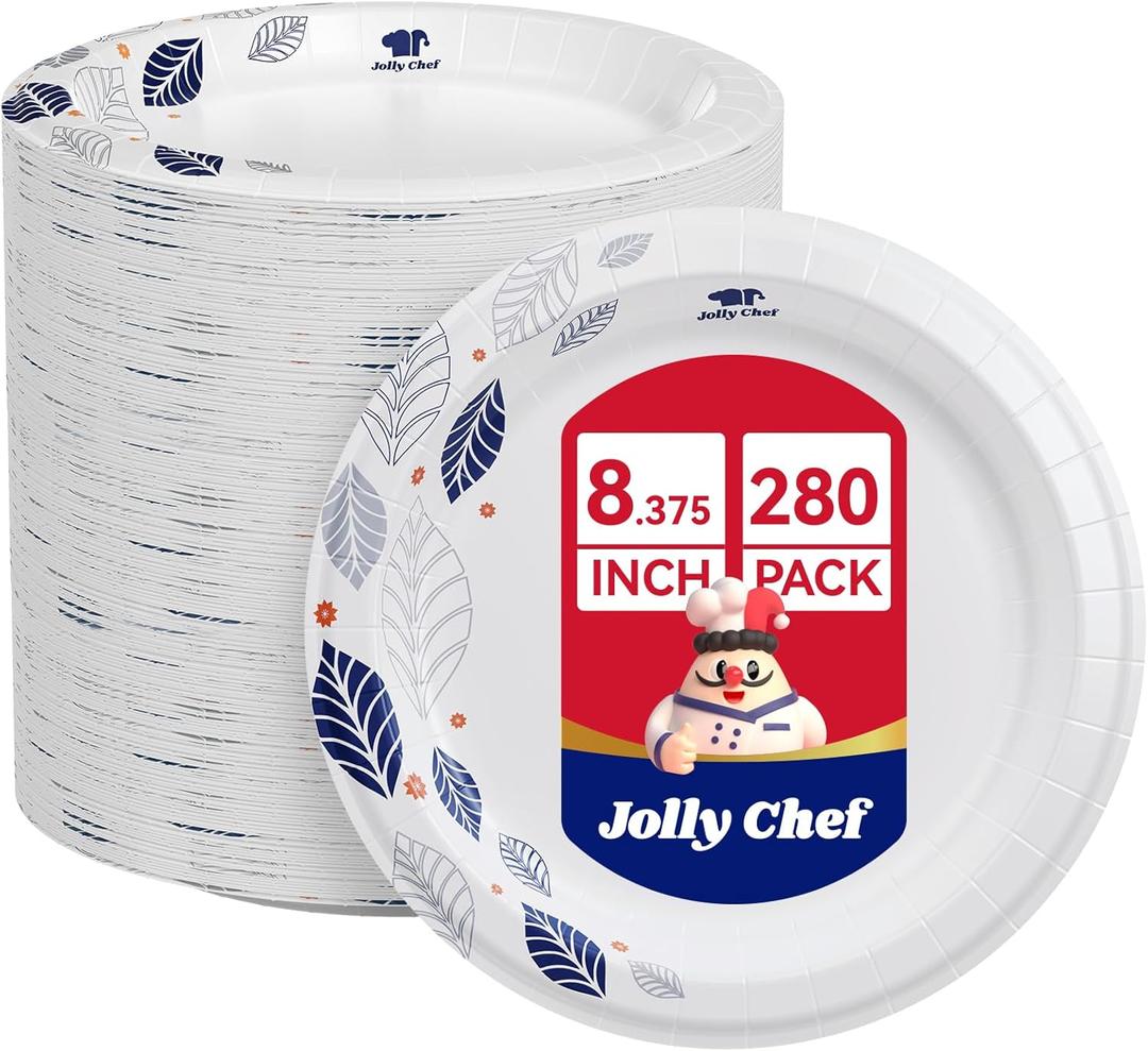 JOLLY CHEF 280 Count Paper Plates 8 inch Soak Proof, Cut Proof, Heavy Duty Leaf Printed Disposable Paper Plates for Everyday Use