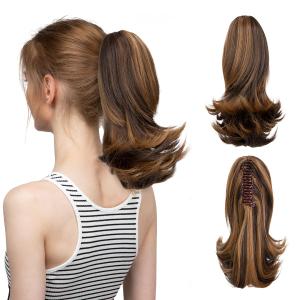 CJL HAIR Short Claw Clip Ponytail Hair Extension Drawstring Synthetic Fake Hairpiece for Women 12" Straight Ponytail with End Curls Dark Brown/Golden Blonde