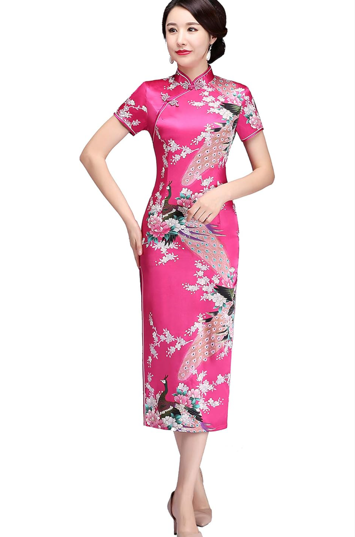 Shanghai Story Peacock Print Long Qipao Chinese Style Dress Cheap Cheongam M