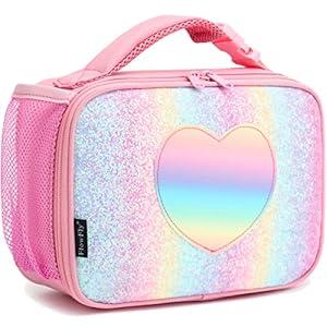 FlowFly Kids Lunch box Insulated Soft Bag Mini Cooler Back to School Thermal Meal Tote Kit for Girls, Boys, Glitter-RainBow